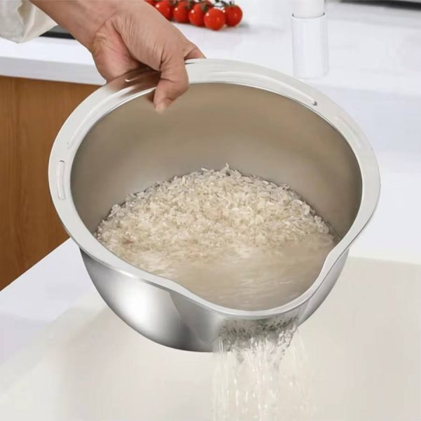 Rice Vegetable Washing Basket Strainer Stainless Steel Bowl (1)