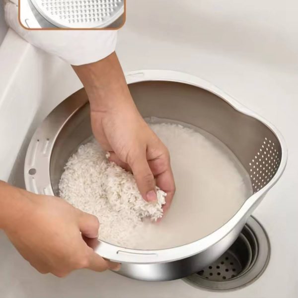 Rice Vegetable Washing Basket Strainer Stainless Steel Bowl (2)