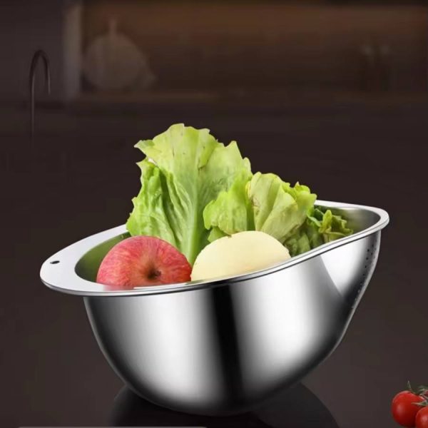 Rice Vegetable Washing Basket Strainer Stainless Steel Bowl (3)