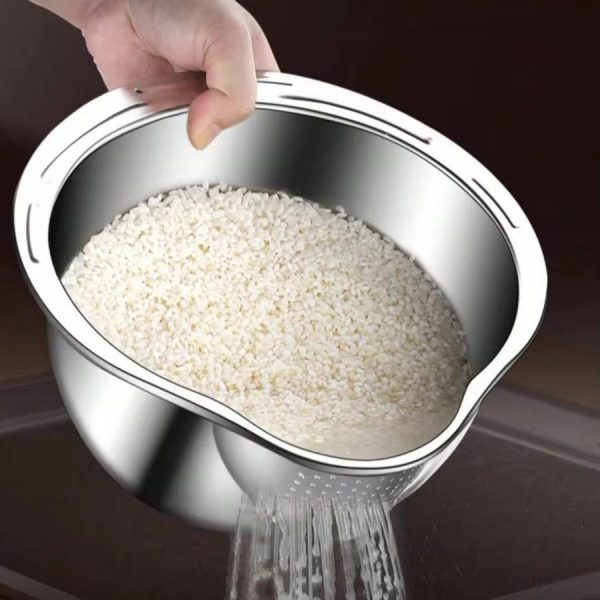 Rice Vegetable Washing Basket Strainer Stainless Steel Bowl (4)