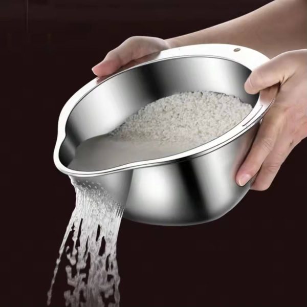 Rice Vegetable Washing Basket Strainer Stainless Steel Bowl (5)
